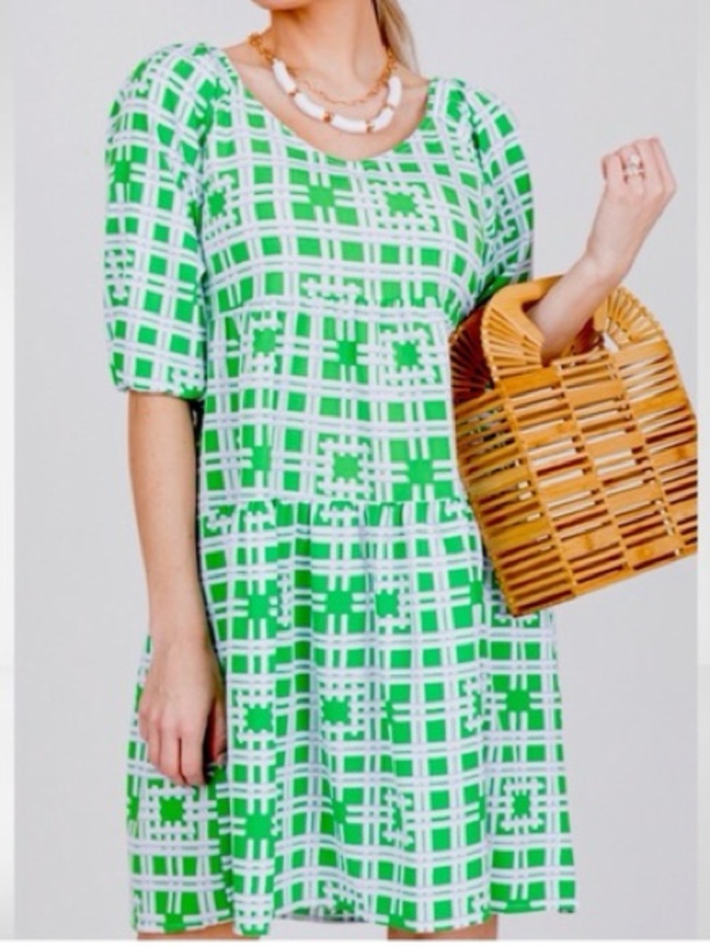 Michelle McDowell Green Geometric Tiered Smocked Puff Sleeve Dress M